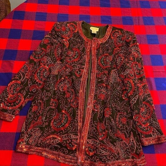Neiman Marcus Vtg Cocktail Black Red Gold Sequin Beaded Jacket Size Large - Picture 4 of 13